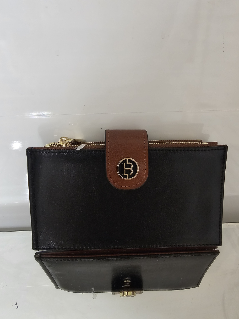 Bostanten Black & Brown  Zip Wallet with Brass Logo Tab
